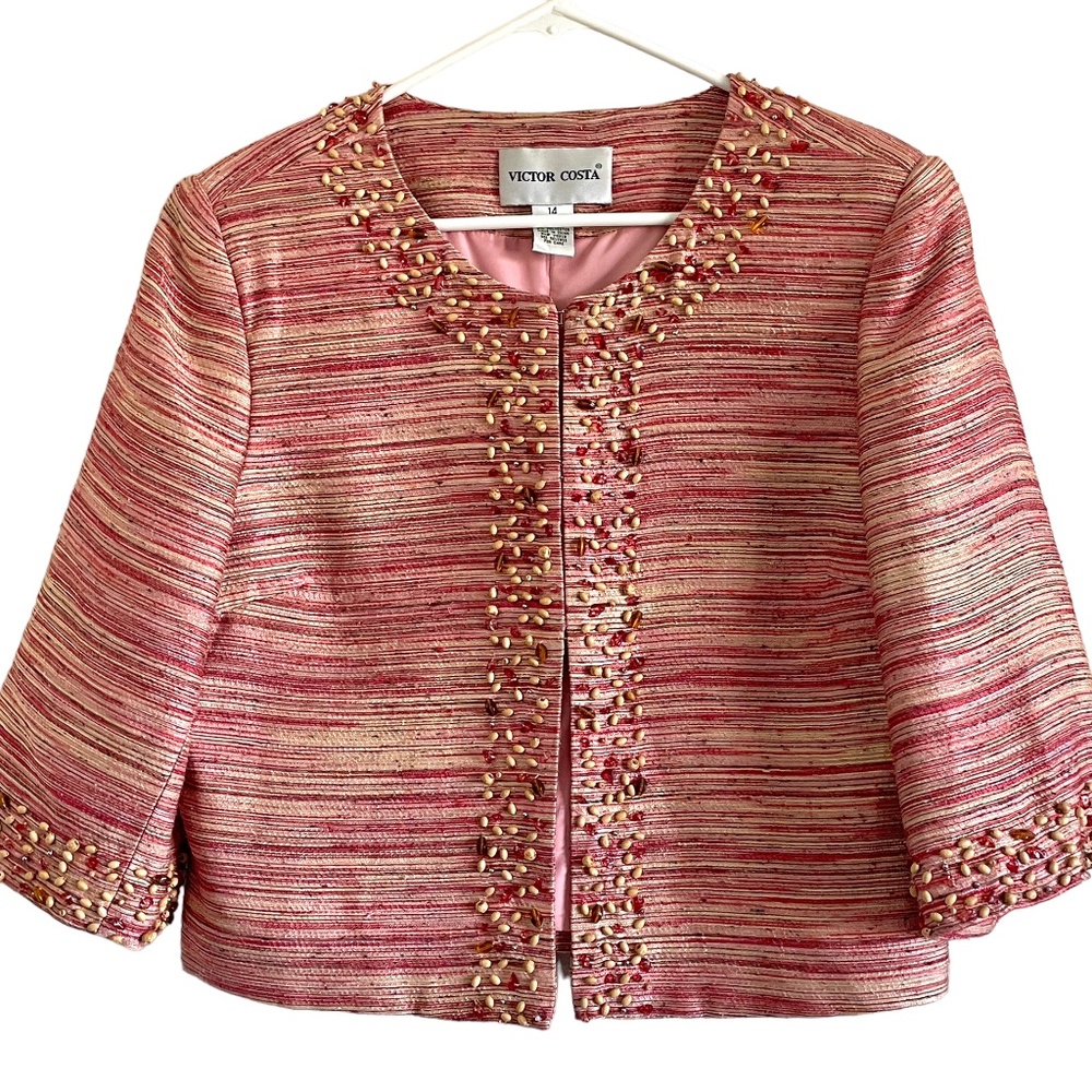 Victor Costa Women's Size 14 Red Cream Beaded Springtime Lined Tweed Crop Jacket